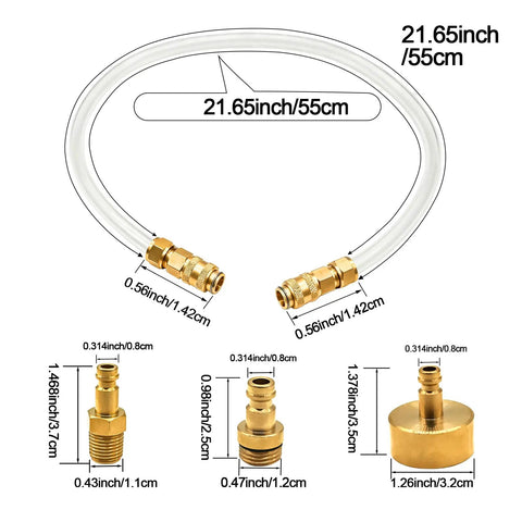 Hydraulic Steering Bleed And Filler Kit For Boats Remove Air And Flush Fluid To Fix Hard To Turn Steering Pro Grade Marine Brass And Hose Fittings Leak Proof Corrosion Resistant Tool, showing brass fittings and hose dimensions.