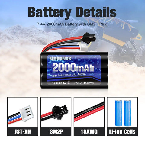 2S 7.4V 2000mAh Li Ion RC Battery With SM 2P Plug, shown with connectors and battery details, ideal for WPL MN99 4WD cars.