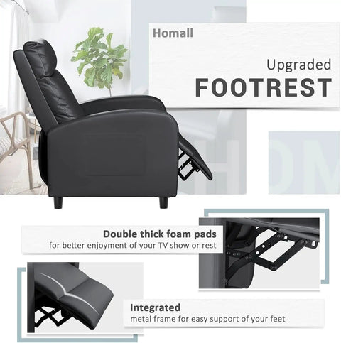 Comfy Leather Recliner Chair With Lumbar Support For Home Theater And Living Room, side view showing upgraded footrest