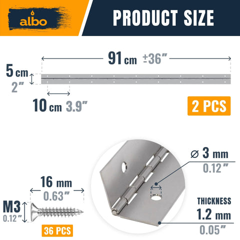 36 Inch Silver Heavy Duty Piano Hinge Continuous Stainless Steel 304 Two Pack Surface Mount Cabinet Hinges dimensions