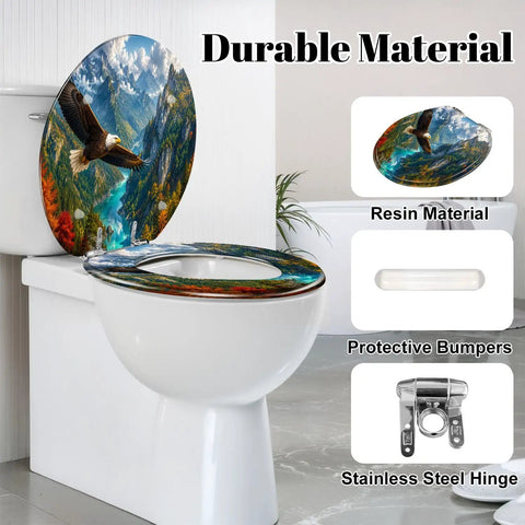 Round Majestic Bald Eagle Soaring Scenic Mountain Valley Toilet Seat with resin material and stainless steel hinge.