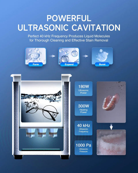 Diagram showing Pro Grade Ultrasonic Cleaner With Heater And Timer, 6L 1.6 Gallon Digital Sonic Cleaning Machine in action with glasses.