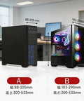 Top Tier Under Desk PC Mount, Adjustable Computer Tower Stand for Full Size Gaming Rigs for CPU cases A and B, dimensions shown.
