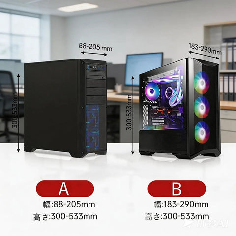 Top Tier Under Desk PC Mount, Adjustable Computer Tower Stand for Full Size Gaming Rigs for CPU cases A and B, dimensions shown.