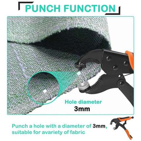 Heavy Duty Snap Fastener Tool Kit With 50 Sets Of Snaps And Rugged Pliers showing punch function on fabric with 3mm diameter hole