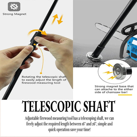 Heavy Duty Steel Firewood Measuring Tool With Rock Solid Magnetic Base For Chainsaw Bar Mount, adjustable telescopic shaft.