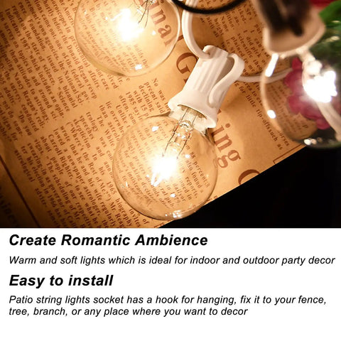 Outdoor String Light Set G40 100 Feet With 105 Edison Glass Bulbs, glowing bulb close-up on brown background