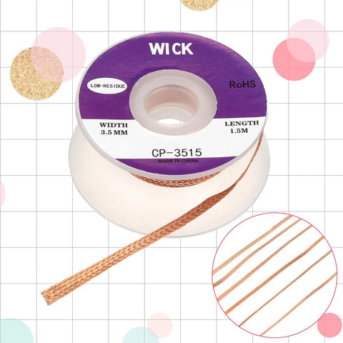 Six Pack No Clean Desoldering Wick Set With Flux For Easy Solder Removal And Electronics Repair And Disassembly Copper Desoldering Braids In Multiple Widths One And A Half Meter Length spool and braid detail