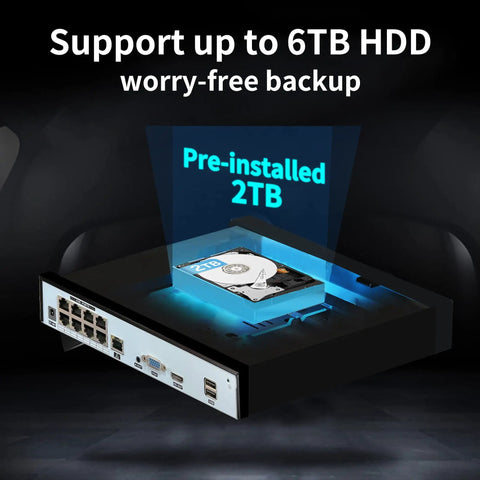4K 8CH PoE NVR System With Preinstalled 2TB HDD, showing internal layout and ports, supports up to 6TB HDD, home security.