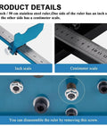 Heavy Duty Bench Mounted Din Rail Cutter For Wire Duct Trunking With 45 And 90 Degree Head And Measuring Ruler Pro Grade Tool showing stainless steel ruler with inch and centimeter scales.