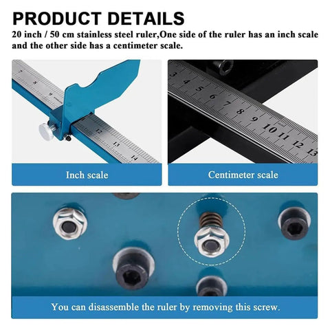 Heavy Duty Bench Mounted Din Rail Cutter For Wire Duct Trunking With 45 And 90 Degree Head And Measuring Ruler Pro Grade Tool showing stainless steel ruler with inch and centimeter scales.
