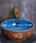 Bathroom Container Sink Pattern Pattern Ceramic Vessel Sink Round Oval Counter Ceramic Countertop Sink Art Basin-B (B) with blue interior and floral design.