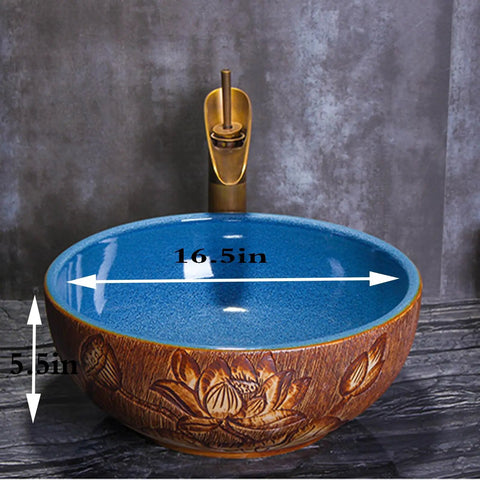 Bathroom Container Sink Pattern Pattern Ceramic Vessel Sink Round Oval Counter Ceramic Countertop Sink Art Basin-B (B) with blue interior and floral design.