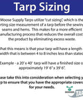 Tarp sizing information with explanations about cut sizing and finished dimensions by Moose Supply Tarps with example sizes.