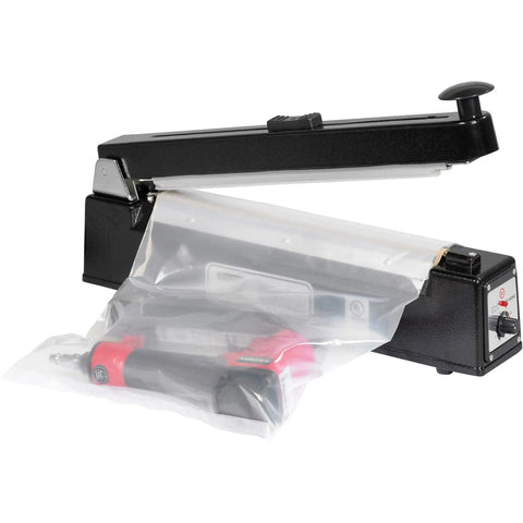 12 Inch Manual Impulse Heat Sealer With Slick Slide Cutter sealing a plastic bag with tool inside, ideal for polyethylene and polypropylene.