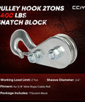 Heavy Duty Pulley Hook Snatch Block For Winch Recovery 2 Ton 4400 Lbs With Hook High Strength Steel For Cables Up To Three Eighths Inch Keep Your Winch Organized And Prevent Cable Entanglement During Towing And Recovery, 2.4-inch sheave