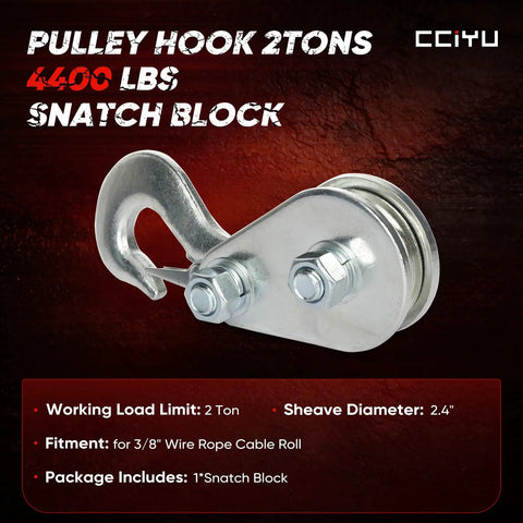Heavy Duty Pulley Hook Snatch Block For Winch Recovery 2 Ton 4400 Lbs With Hook High Strength Steel For Cables Up To Three Eighths Inch Keep Your Winch Organized And Prevent Cable Entanglement During Towing And Recovery, 2.4-inch sheave