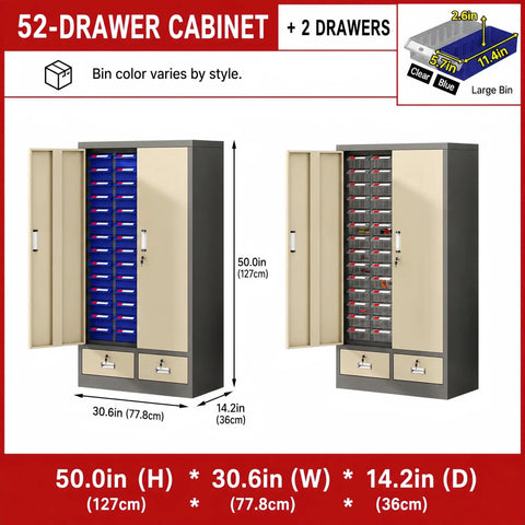 Heavy Duty Tool Storage Cabinet With Dense Plastic Drawers For Small Parts And Lockable Metal Drawers For Large Tools Coated Steel Body Garage Shop Organizer To Stash Screws Bits Fittings Electronics And Spare Parts, 50in tall