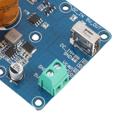 Rock Solid Super Capacitor UPS Backup Power Supply Keeps Raspberry Pi Running Smooth With Seamless 5V 3A Emergency Juice To Save Critical Data During Sudden Blackouts close-up view of the circuit board components.