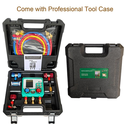 Open view of digital HVAC manifold gauge kit with red, blue, and yellow hoses in a hard carrying case.