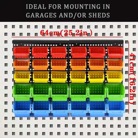All In One Wall Mounted Storage Bins Kit For Tools And Hardware With Pegboard Organizer Rack And 30 Bins In Five Color Parts