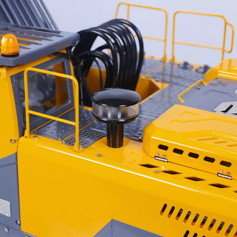1 14 RC Model Metal Hydraulic Aoue ET30H Wheeled Excavator With Full Metal Frame High Torque Motor ESC Servo LED Light Kit Realistic Working Pistons Durable Construction For Serious RC Nerds And Builders, close-up of cab and engine cover