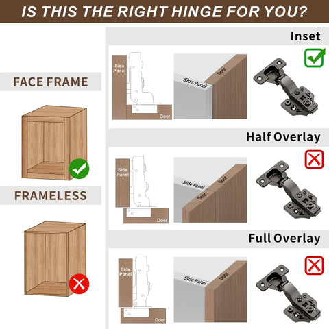 Image showing installation compatibility for Twenty Pack Inset Soft Close Cabinet Hinges in face frame and frameless cabinetry.