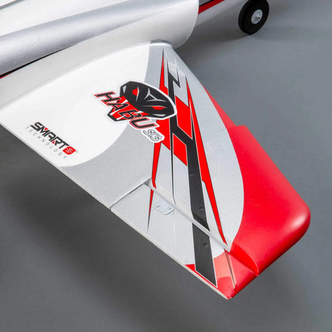 Close-up of the Habu STS 70mm EDF Jet RC Airplane Ready To Fly With SAFE Technology Smart Trainer wing and logo detail.