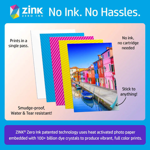 Zink zero ink photo paper used with Pocket Sized Photo Printer For Instant Two By Three Inch Sticky Back Photos From Your Phone On The Go Luna Pearl Edition.