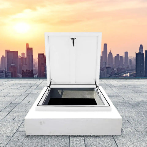 Rock Solid White Roof Access Hatch With Lockable Handle And Gas Struts Aluminum Galvanized Steel Maintenance Door opening on flat roof.