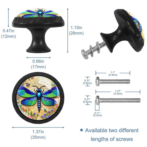 Slick Black 4 Pack 35MM Cabinet Knobs For Kitchen Cabinets And Dressers, shown with dimensions and screw options, dragonfly design.