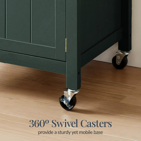 Forest Green Rolling Kitchen Island Cart With Swivel Locking Wheels and Single Door Cabinet on hardwood floor