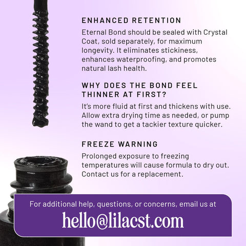 Eternal Bond Black No-Fuss Lash Glue With Mini Mascara Wand Applicator, waterproof hold; email details for support at hello@lilacst.com