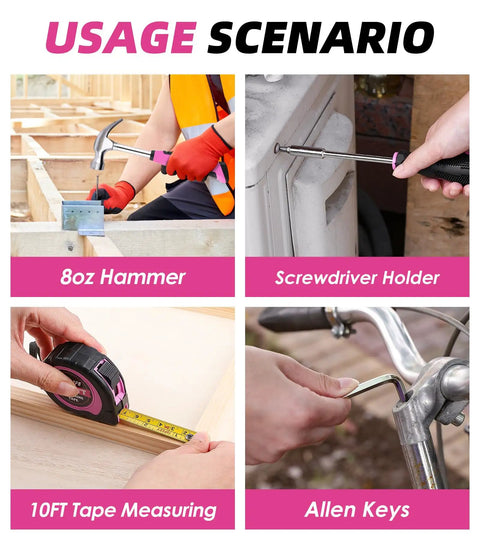 Pink 147 Piece Tool Kit With Twelve Volt Cordless Drill And Three Eighth Inch Keyless Chuck Built In LED Type C Charge Cable Women Friendly Home DIY Set For All usage scenarios