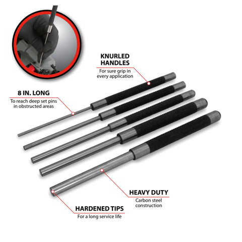 8 Inch Long Pin Punch Set 5 Piece Carbon Steel With Knurled Handles For Deep Pin Removal In Obstructed Areas Includes 1/8 Inch 3/16 Inch 1/4 Inch 5/16 Inch And 3/8 Inch Pins Wall Mountable And Easy To Use displayed with knurled handles and labels
