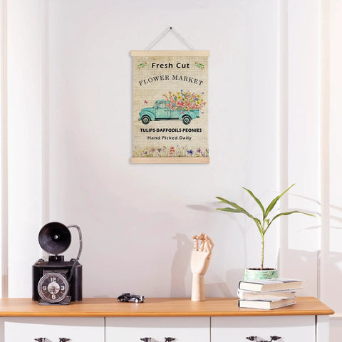 Flower Market Wall Art Decor Framed Canvas Print With Vintage Floral Pickup Truck For Home And Bedroom Farmhouse Spring Vibe Easy To Hang