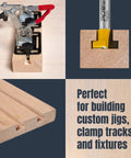 Heavy Duty T Slot Router Bits With Sharp Carbide Tips For Cutting T Track And Slatwall Grooves In Woodworks Featuring Sturdy One Quarter Shank And Real World Five Eighths Inch Depth Packed Well In A Trustworthy Two Pack That Knocks It Out Like A Pro, shown with clamped wood and channel cuts.