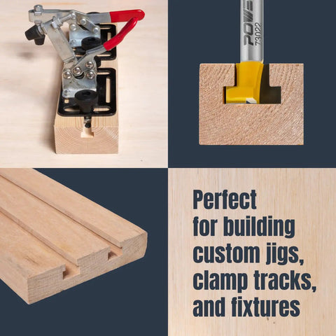 Heavy Duty T Slot Router Bits With Sharp Carbide Tips For Cutting T Track And Slatwall Grooves In Woodworks Featuring Sturdy One Quarter Shank And Real World Five Eighths Inch Depth Packed Well In A Trustworthy Two Pack That Knocks It Out Like A Pro, shown with clamped wood and channel cuts.