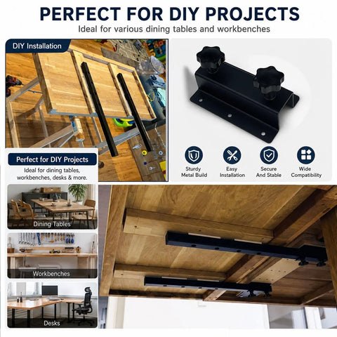 Beefy Table Extension Brackets Set Of Four With 26 Inch Steel Support Rails For DIY Dining Tables Matte Black Hardware For Smooth Slide In Leaf Expansion, black rail under table