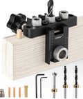3-In-1 Dowel Jig Kit For Precise Doweling And Self Centering Alignment, showing parts and accessories on wood block