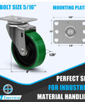 Heavy Duty Smooth Rolling Casters Set Of 4, 4 Inch Polyurethane On Cast Iron Wheels With Double Ball Bearings And 1.25 Inch Stem, 1800 Lb Capacity showing dimensions and mounting plate.