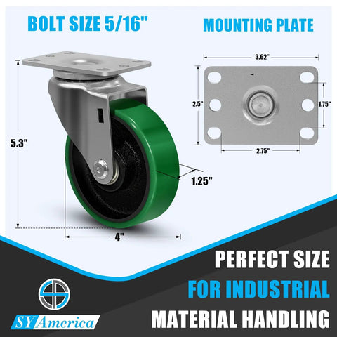 Heavy Duty Smooth Rolling Casters Set Of 4, 4 Inch Polyurethane On Cast Iron Wheels With Double Ball Bearings And 1.25 Inch Stem, 1800 Lb Capacity showing dimensions and mounting plate.