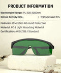 Real Deal IPL Laser Safety Glasses With Od4 Eye Shields For Hair Removal And Spa Sessions showing green lenses and adjustable fit.