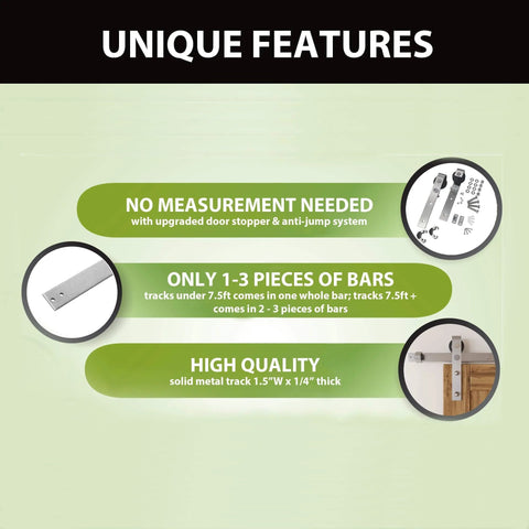 Brushed Nickel Non-Bypass Sliding Barn Door Hardware Kit For One Door, 7.5ft Flat Track System, Classic Roller Design features