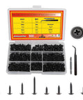 Real Deal Heavy Duty 400 Piece Black Carbon Steel Self Tapping Screws Assortment Kit With Pan Heads and Fasteners for Wood Metal Plastic DIY Projects, including washers and tools.