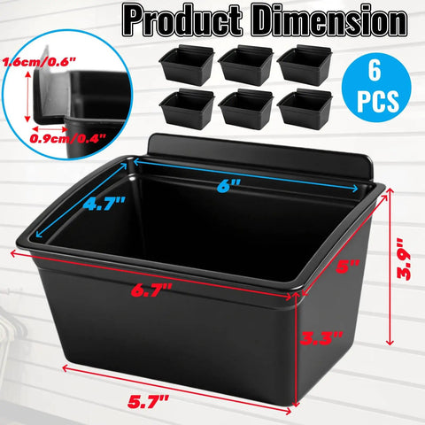 6 Pack Slat Wall Bins Durable Plastic Storage Bins For Workshops And Retail Stores Stackable Hanging Slatwall Containers Tool Organizer For Hardware Small Parts And Merchandise, showing dimensions and hook design.