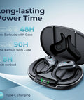 Game-Changing Active Noise Cancelling Earbuds With 90 Hours Playback, charging case, display showing battery levels.