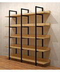Built Different Vertical Bookcase Featuring Heavy Duty Steel Frame Smooth Layered Shelves Straight Fire Storage Setup For Living Room Or Office Displaying Books And Decor, with wooden shelves and black steel frame.