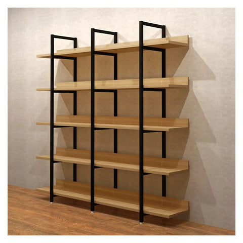 Built Different Vertical Bookcase Featuring Heavy Duty Steel Frame Smooth Layered Shelves Straight Fire Storage Setup For Living Room Or Office Displaying Books And Decor, with wooden shelves and black steel frame.