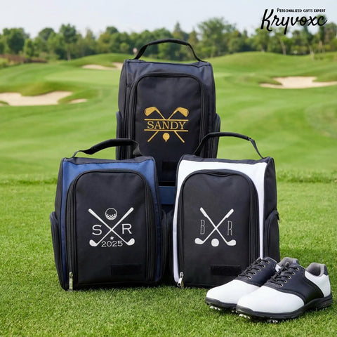 Custom Embroidered Golf Shoe Bag For Men With Monogram displayed on golf course, featuring top strap and side pockets, durable polyester